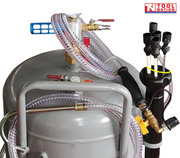 Close-up of grey air operated oil drainer tank top with hoses, pressure gauge, valve fittings, and suction tube holders