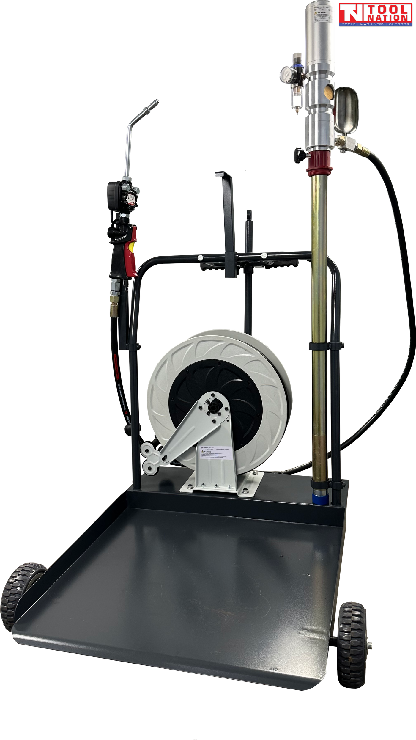 Air operated oil dispenser trolley with hose reel, dispensing gun, pump assembly, and wheeled tray base