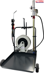 Air operated oil dispenser trolley with hose reel, dispensing gun, pump assembly, and wheeled tray base