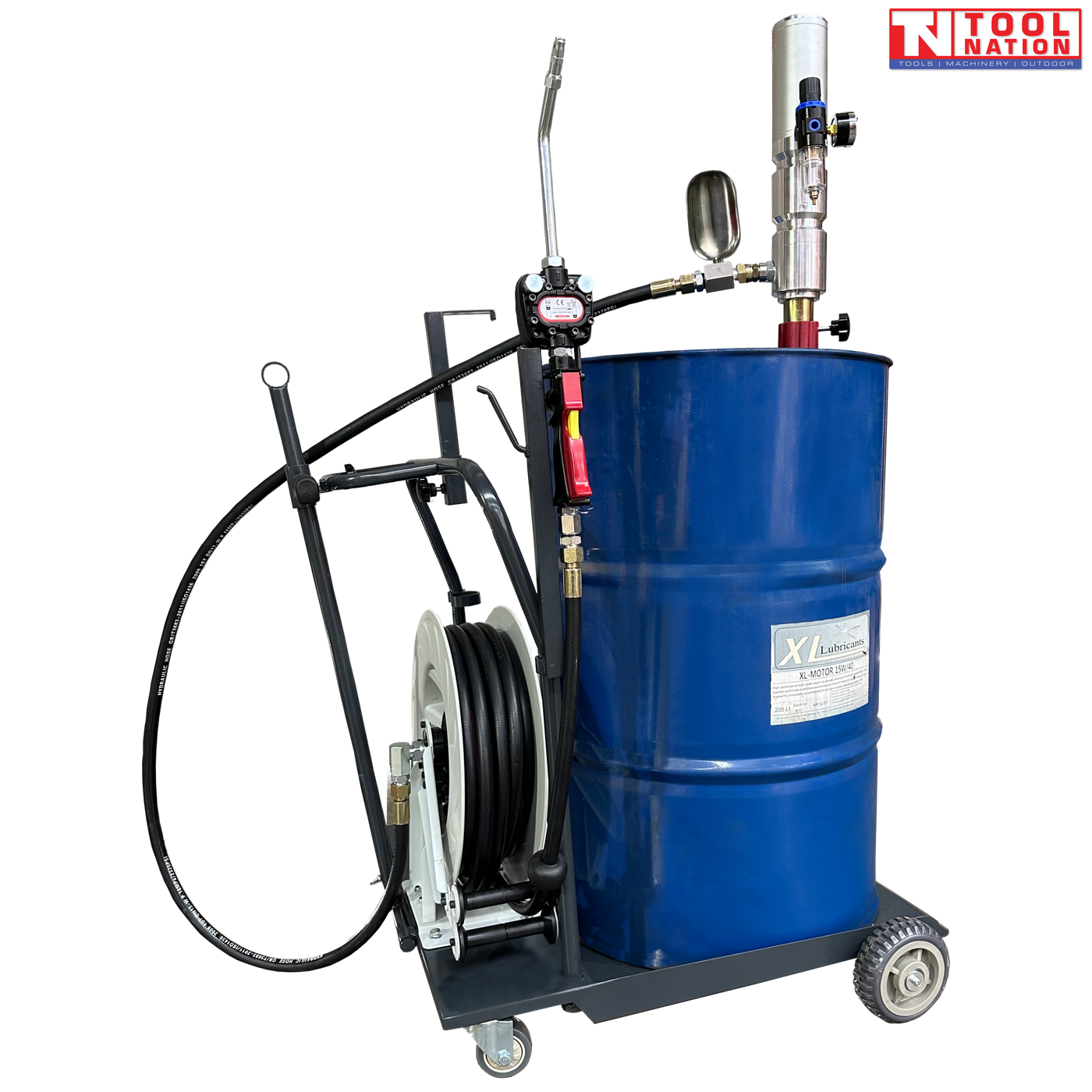 Air operated oil dispenser trolley holding a blue drum, with hose reel, dispensing gun, and pump assembly mounted on top