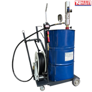 Air operated oil dispenser trolley holding a blue drum, with hose reel, dispensing gun, and pump assembly mounted on top