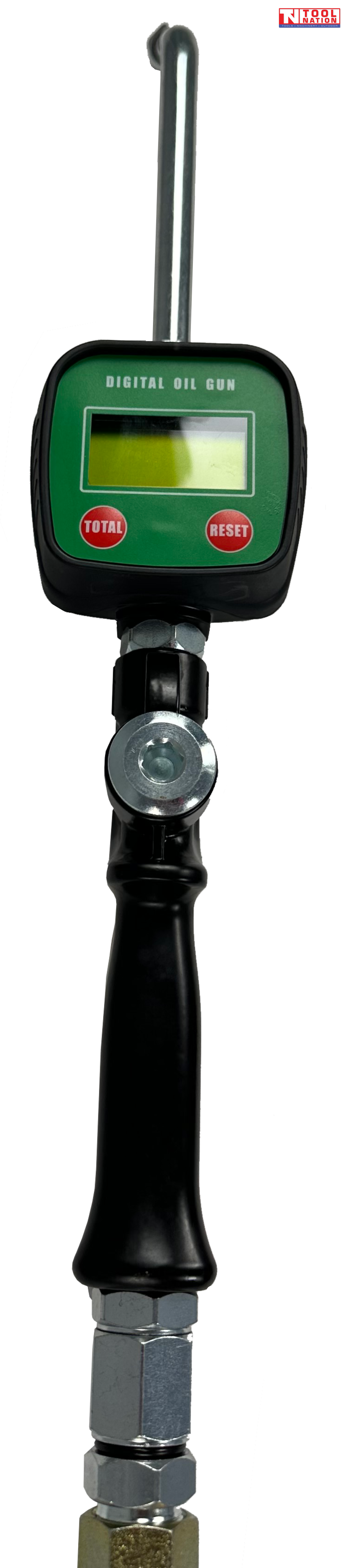 Close-up of digital oil gun with display screen, buttons, black handle, and angled metal spout