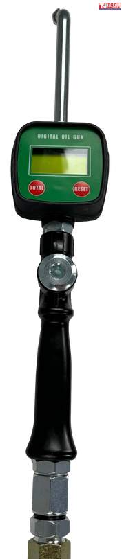 Close-up of digital oil gun with display screen, buttons, black handle, and angled metal spout