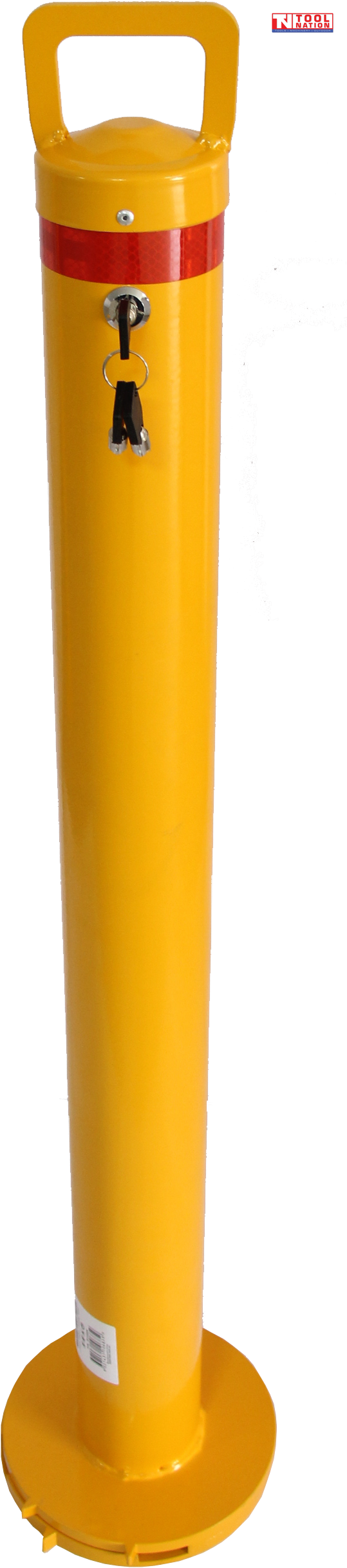 Yellow removable bollard with top handle, red reflective band, key lock, hanging keys, round base and Tool Nation logo.