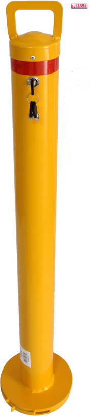 Yellow removable bollard with top handle, red reflective band, key lock, hanging keys, round base and Tool Nation logo.