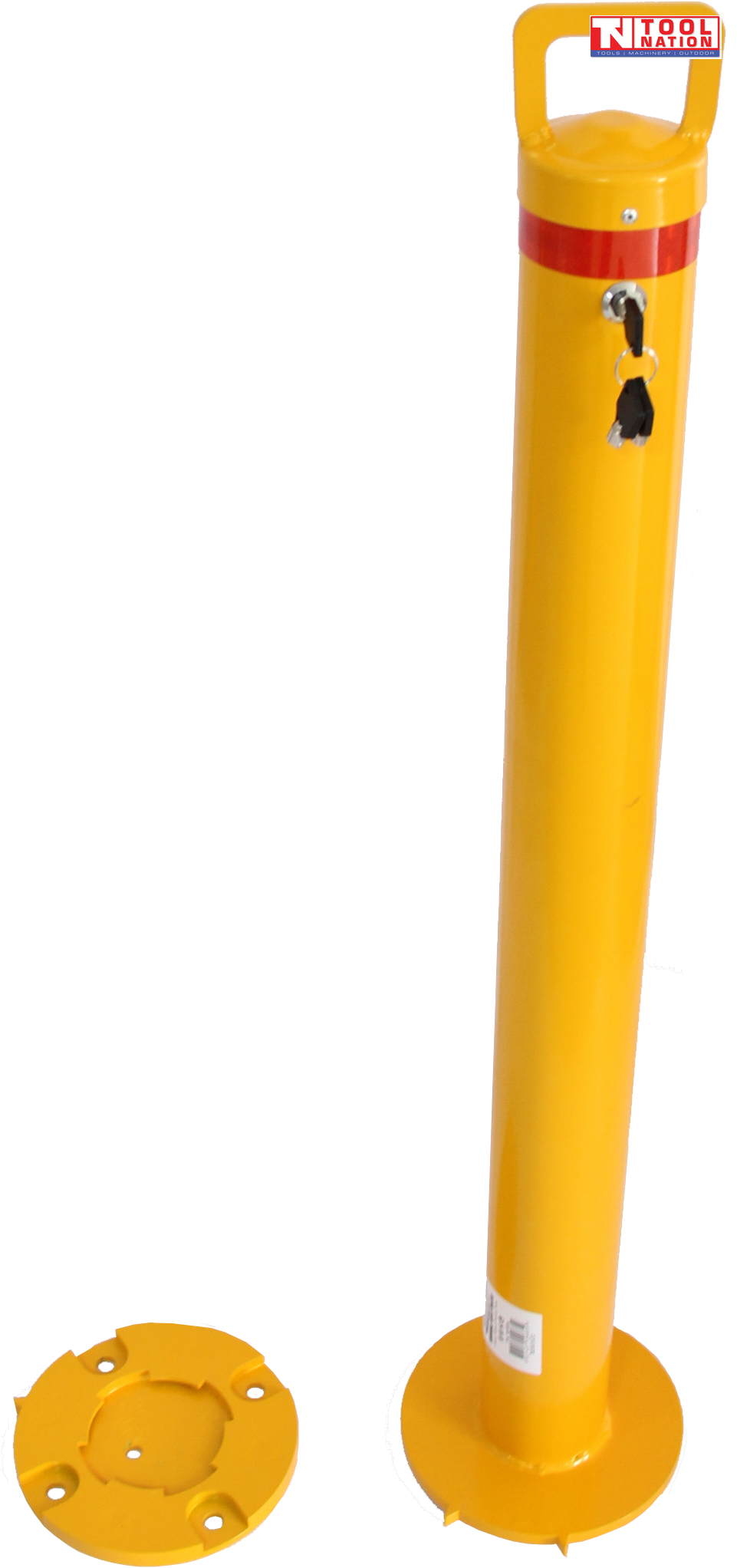 Yellow removable bollard shown beside a separate round mounting base, with top handle, red reflective band, key lock, hanging keys and Tool Nation logo.