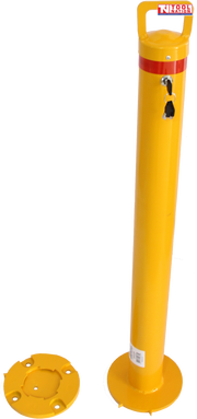 Yellow removable bollard shown beside a separate round mounting base, with top handle, red reflective band, key lock, hanging keys and Tool Nation logo.