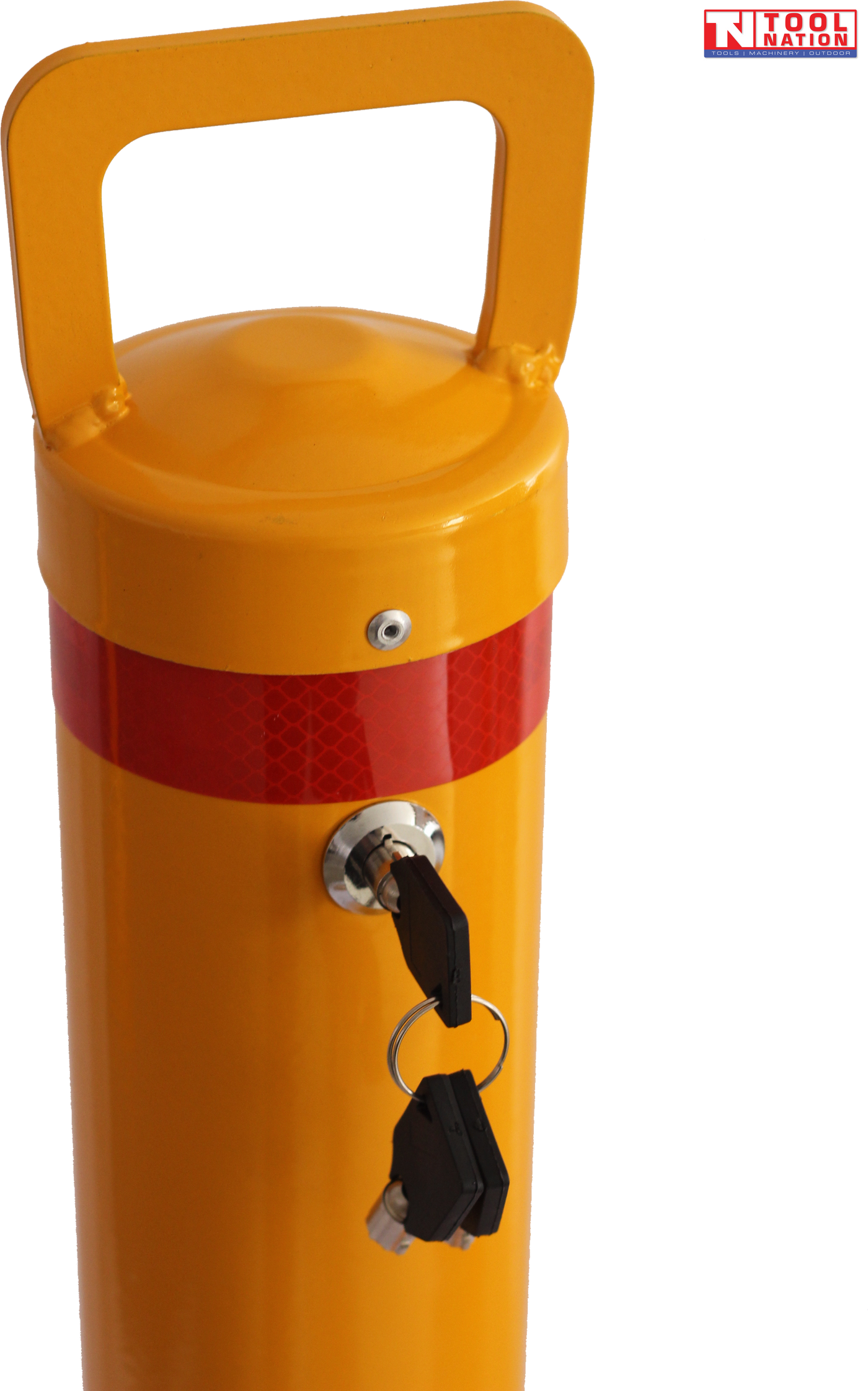 Close-up of a yellow removable bollard showing the top handle, red reflective band, key lock, hanging keys and Tool Nation logo.