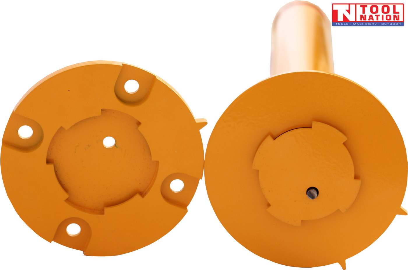Close-up underside view of two yellow bollard base plates showing mounting holes, circular locking sections and Tool Nation logo.