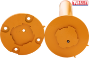 Close-up underside view of two yellow bollard base plates showing mounting holes, circular locking sections and Tool Nation logo.