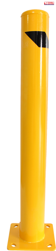 Yellow fixed bollard with rounded top, black diagonal reflective band, square base plate and four mounting holes.