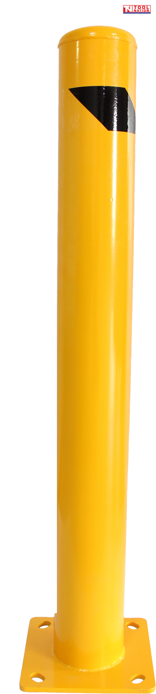 Yellow fixed bollard with rounded top, black diagonal reflective band, square base plate and four mounting holes.