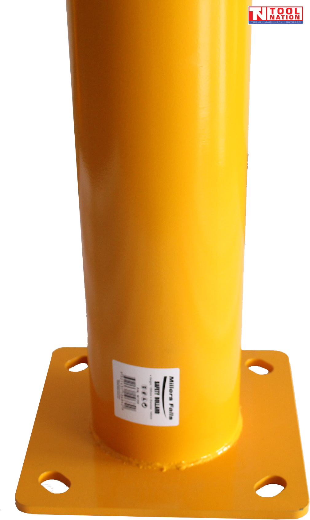 Close-up of a yellow bollard base showing the cylindrical post, square mounting plate, four mounting holes, label and Tool Nation logo.