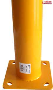 Close-up of a yellow bollard base showing the cylindrical post, square mounting plate, four mounting holes, label and Tool Nation logo.