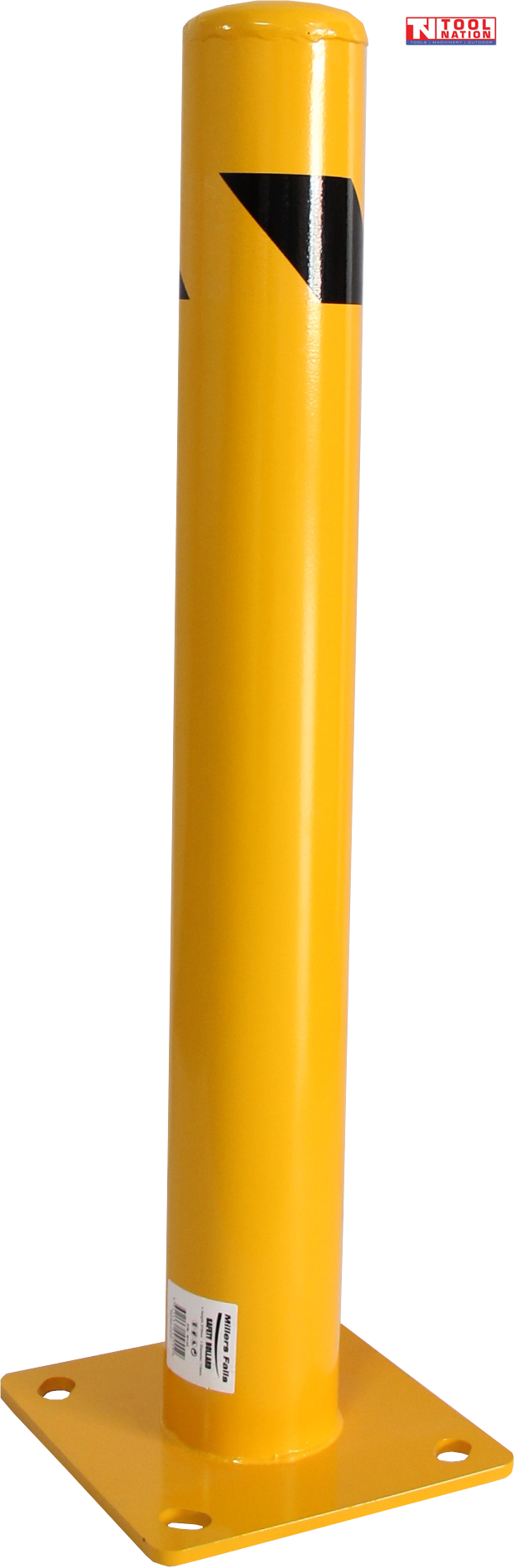 Yellow fixed bollard with rounded top, black diagonal reflective band, square base plate, four mounting holes and Tool Nation logo.