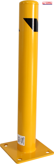 Yellow fixed bollard with rounded top, black diagonal reflective band, square base plate, four mounting holes and Tool Nation logo.