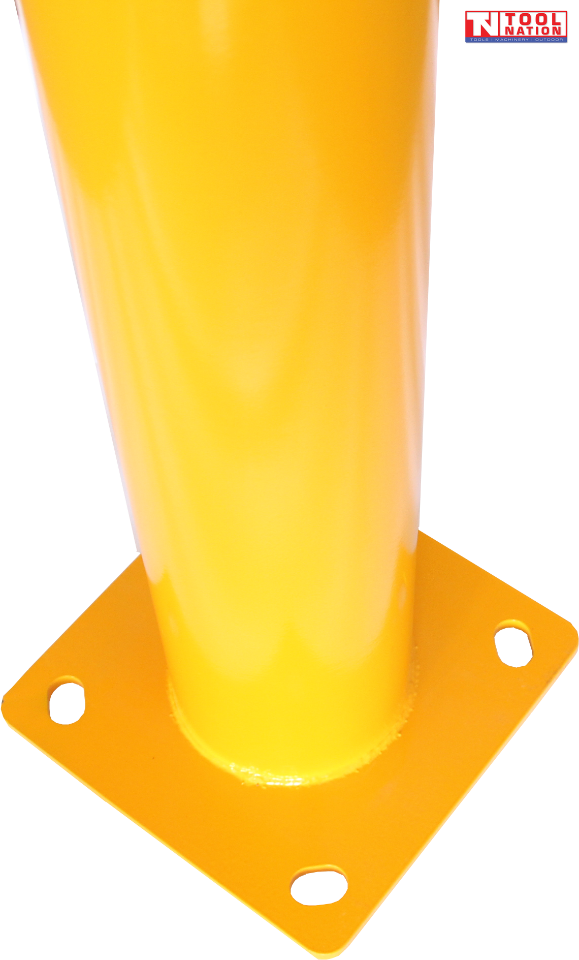 Close-up of a yellow bollard base showing the cylindrical post, square mounting plate, four mounting holes and Tool Nation logo.
