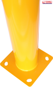Close-up of a yellow bollard base showing the cylindrical post, square mounting plate, four mounting holes and Tool Nation logo.