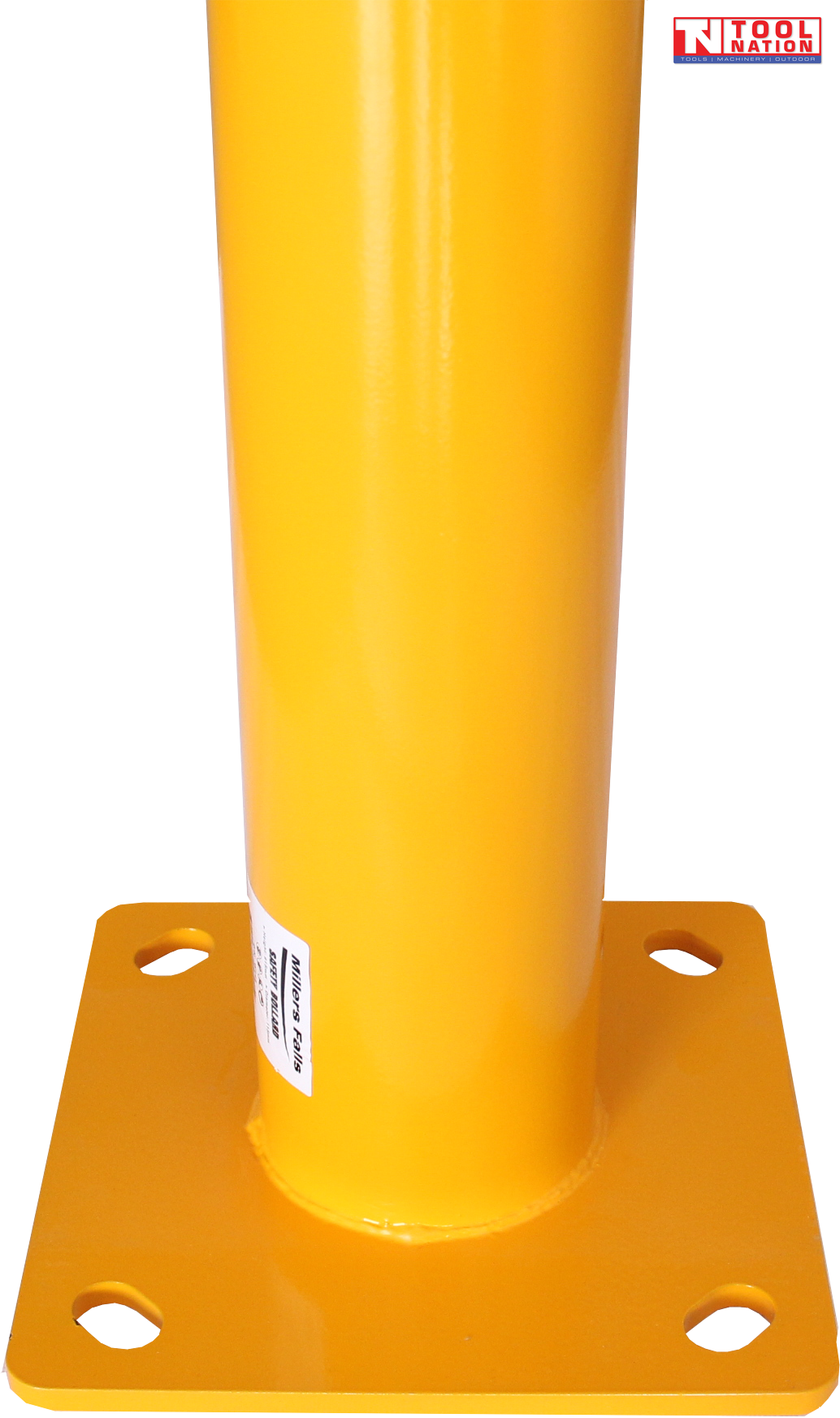 Close-up front view of a yellow bollard base showing the cylindrical post, square mounting plate, four mounting holes, label and Tool Nation logo.