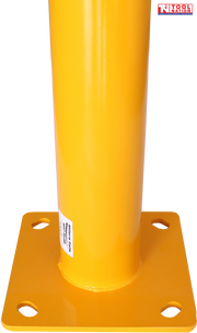 Close-up front view of a yellow bollard base showing the cylindrical post, square mounting plate, four mounting holes, label and Tool Nation logo.