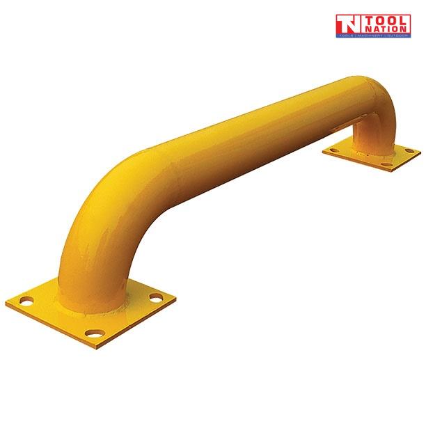 Yellow low-profile steel guard rail with two square base plates, mounting holes and Tool Nation logo.