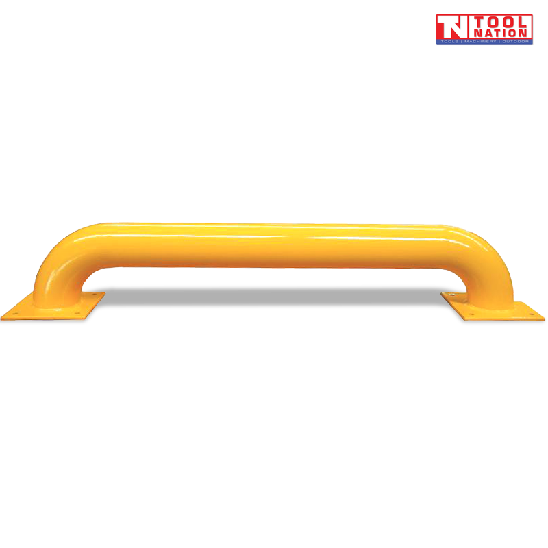 Front view of a yellow low-profile steel guard rail with two square base plates and Tool Nation logo.