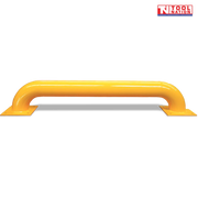 Front view of a yellow low-profile steel guard rail with two square base plates and Tool Nation logo.
