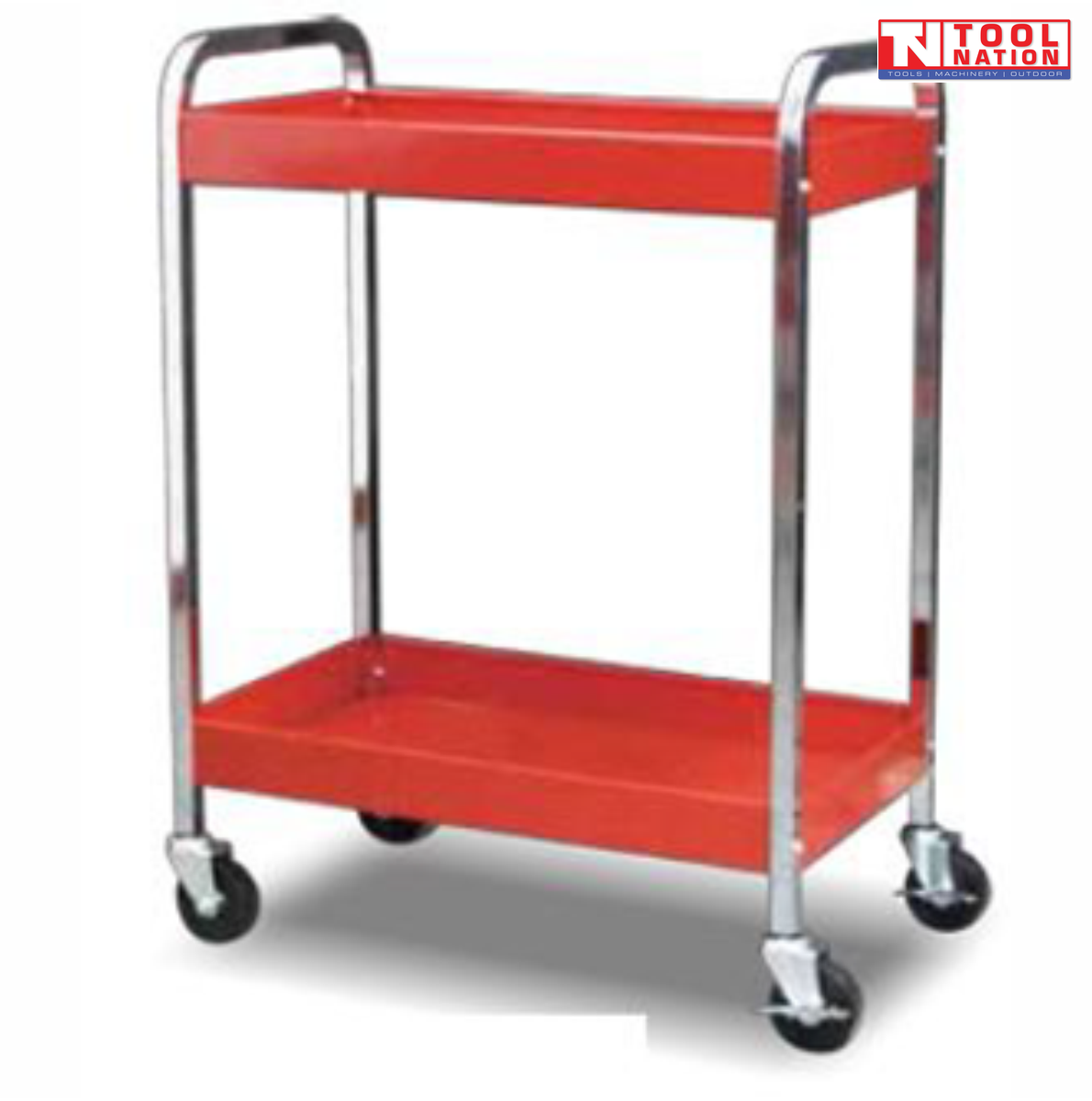 Angled front view of red utility cart with two trays, chrome frame, and castor wheels