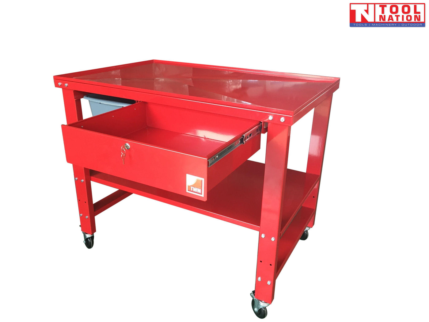 Angled front view of red mobile workbench with drawer open, lower shelf, and castor wheels