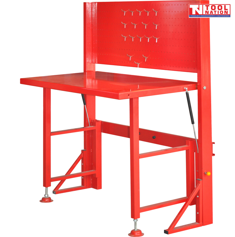 Front angled view of red fold-up workbench with pegboard back panel, hooks, and fold-out bench legs