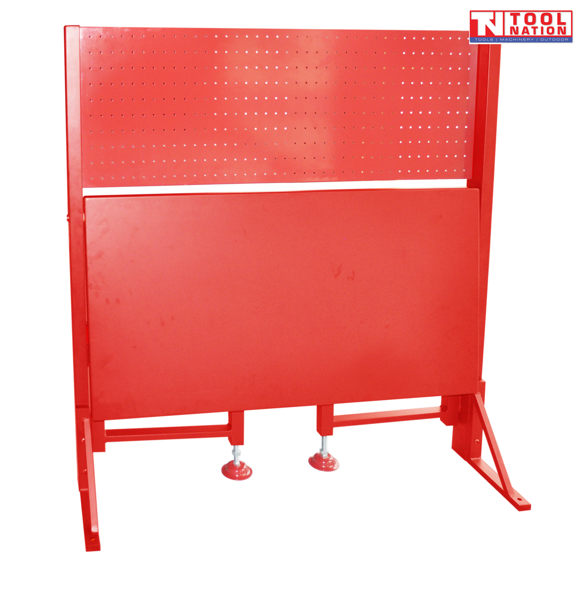 Rear view of red fold-up workbench in folded position with pegboard panel and folded bench top