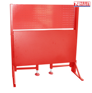 Rear view of red fold-up workbench in folded position with pegboard panel and folded bench top