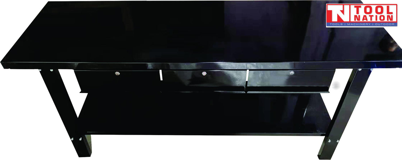 Front view of black steel workbench with three drawers and lower shelf.