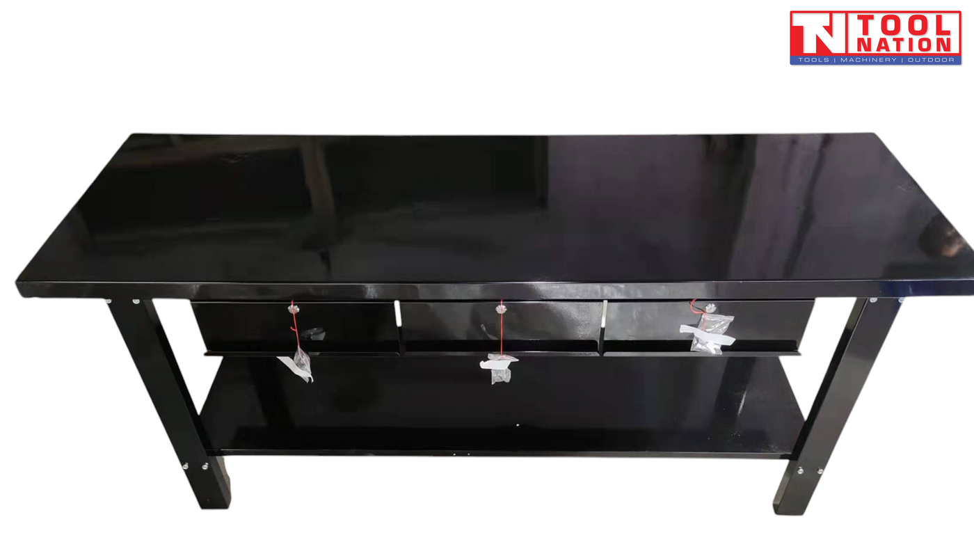 Angled view of black steel workbench with three drawers opened and lower shelf visible.