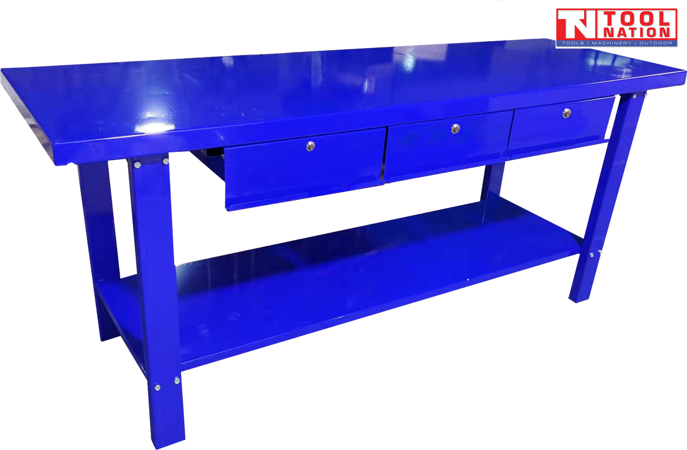 Angled front view of blue steel workbench with three drawers and lower shelf.