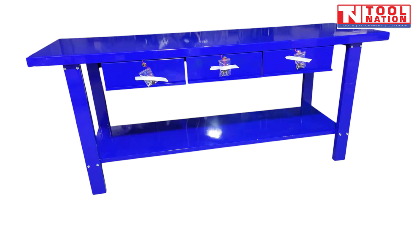 Front angled view of blue steel workbench with three closed drawers and lower shelf.