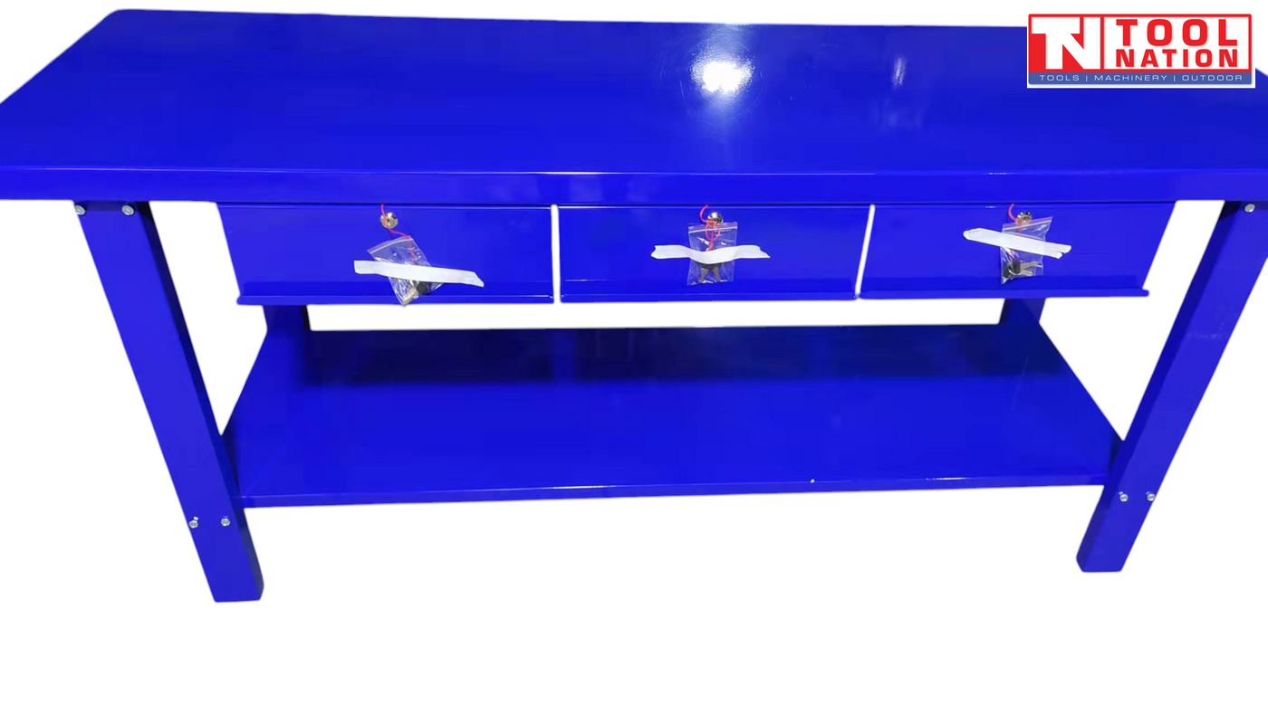 Front view of blue steel workbench with three drawers and full-width lower shelf.