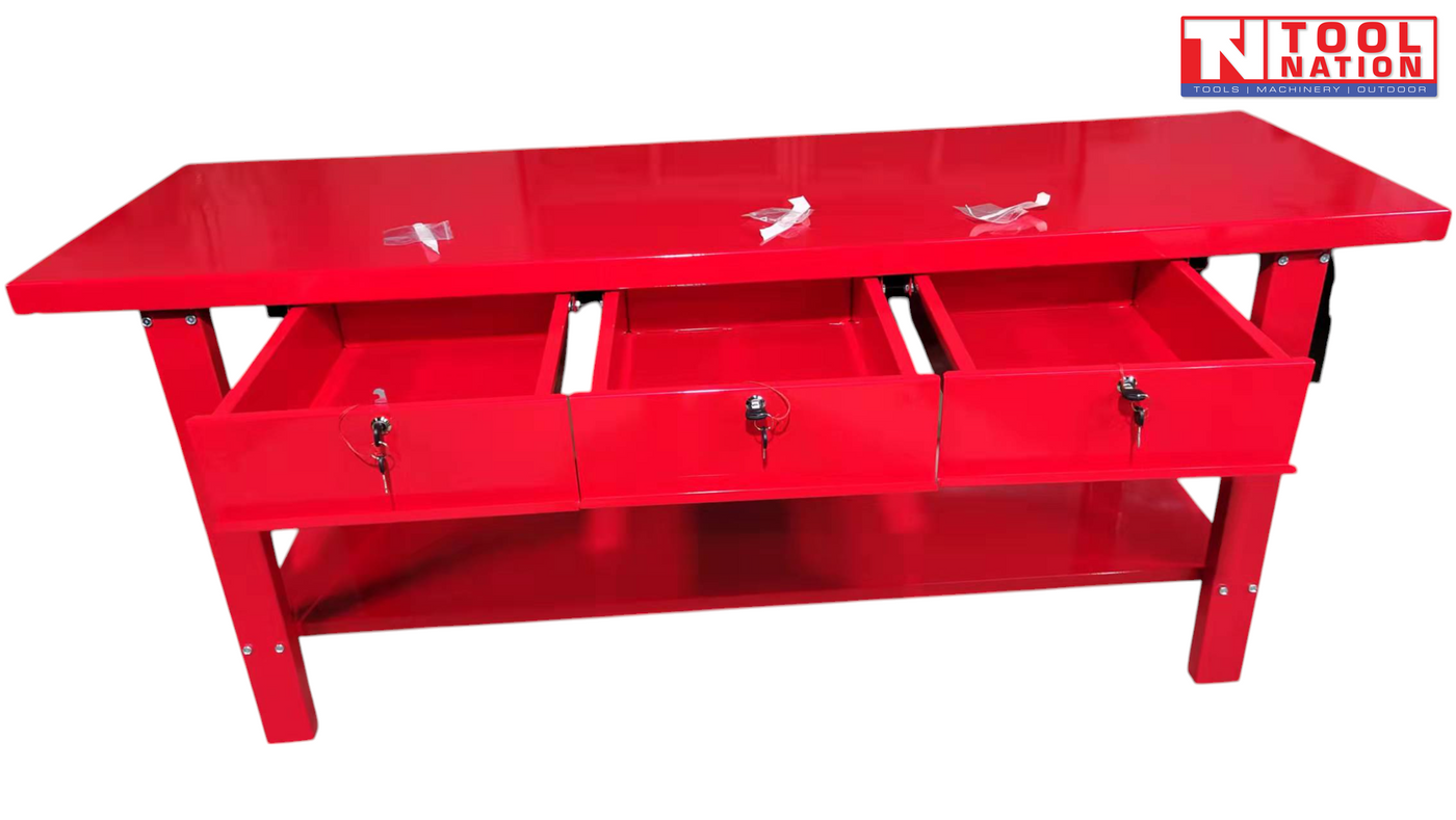 Front angled view of red steel workbench with all three drawers open.