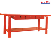 Front view of red steel workbench with three lockable drawers and lower shelf.