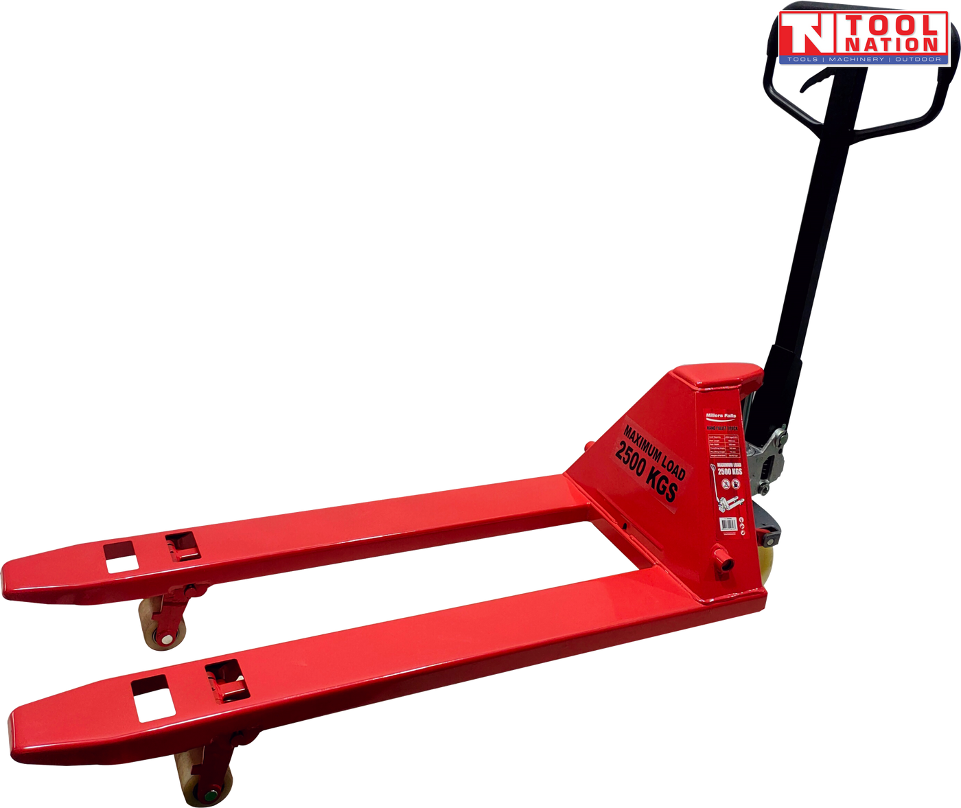 Red pallet truck with long forks, black handle, front wheels, and visible load text on the side.