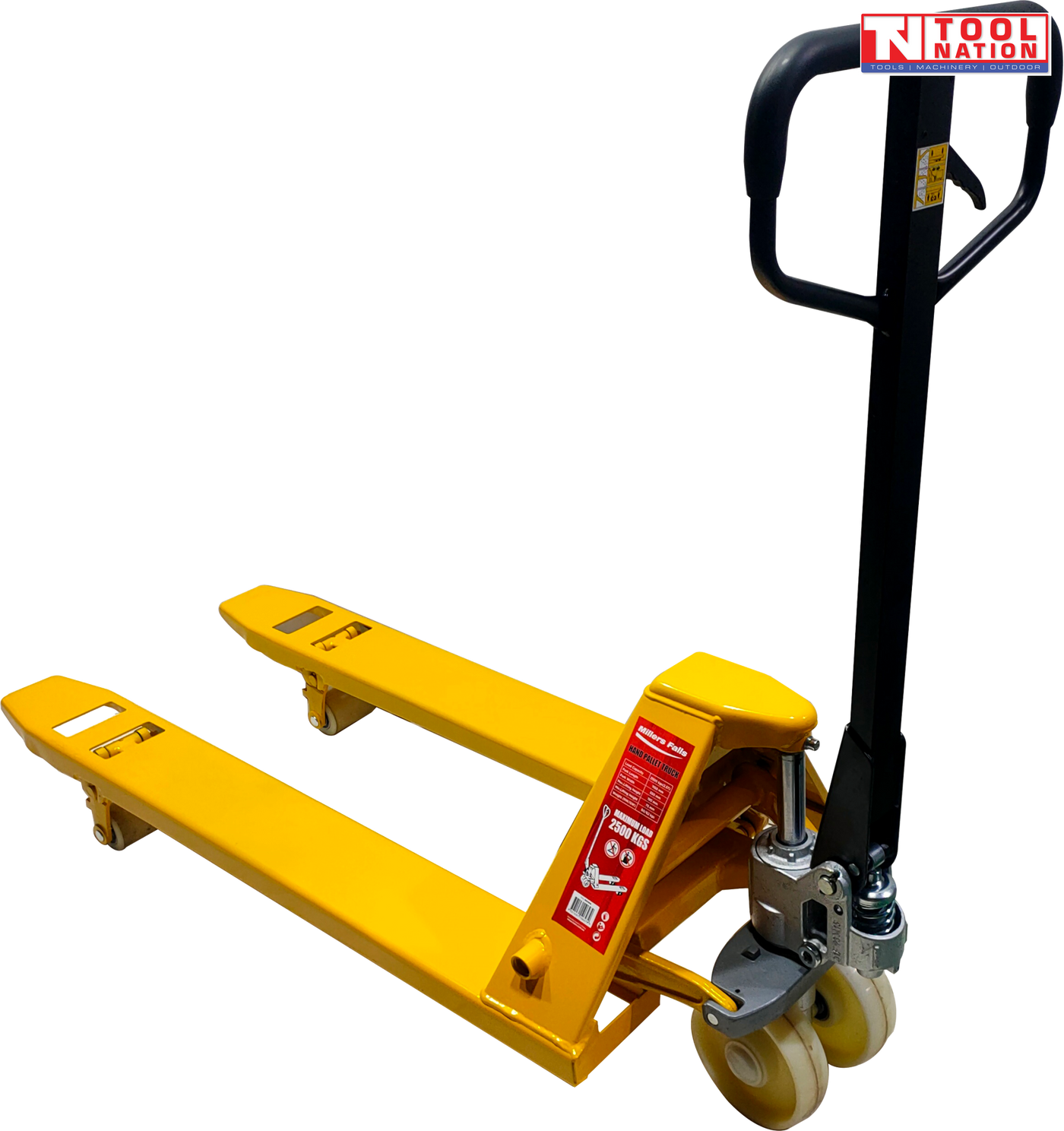 Yellow pallet truck with long forks, black handle, wheels, red side label, and logo in the top corner.
