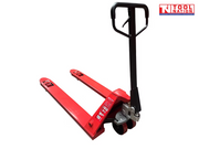 Rear angled view of a red pallet truck with black handle, twin forks, front rollers, rear wheels, and a logo in the top right corner.