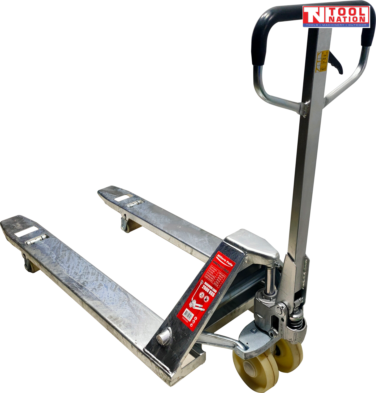 Galvanised pallet truck with long forks, black handle, yellow wheels, and red side label.