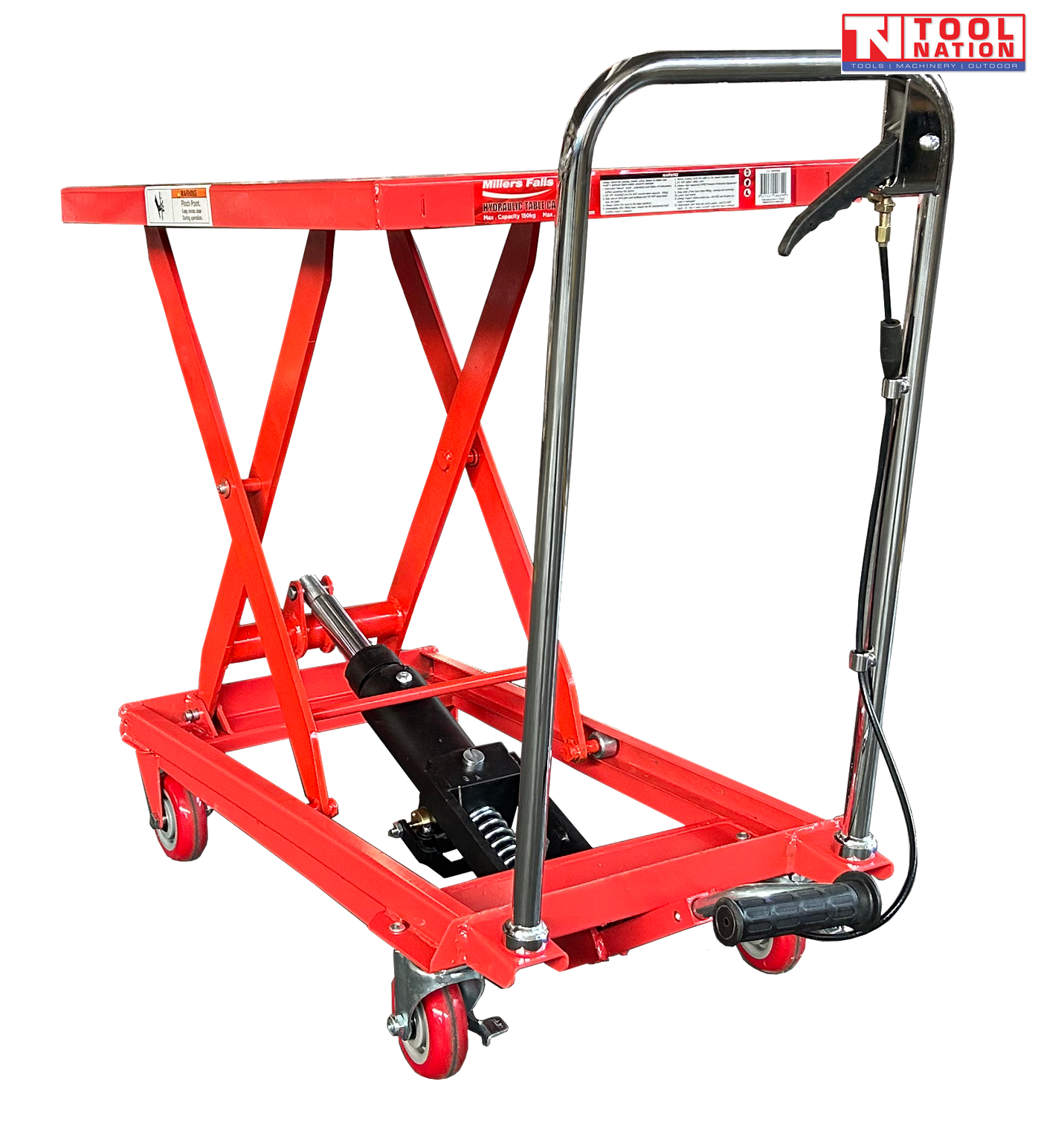 Angled view of a red hydraulic lift table cart with raised scissor frame, handle, wheels, foot pedal, and labels.