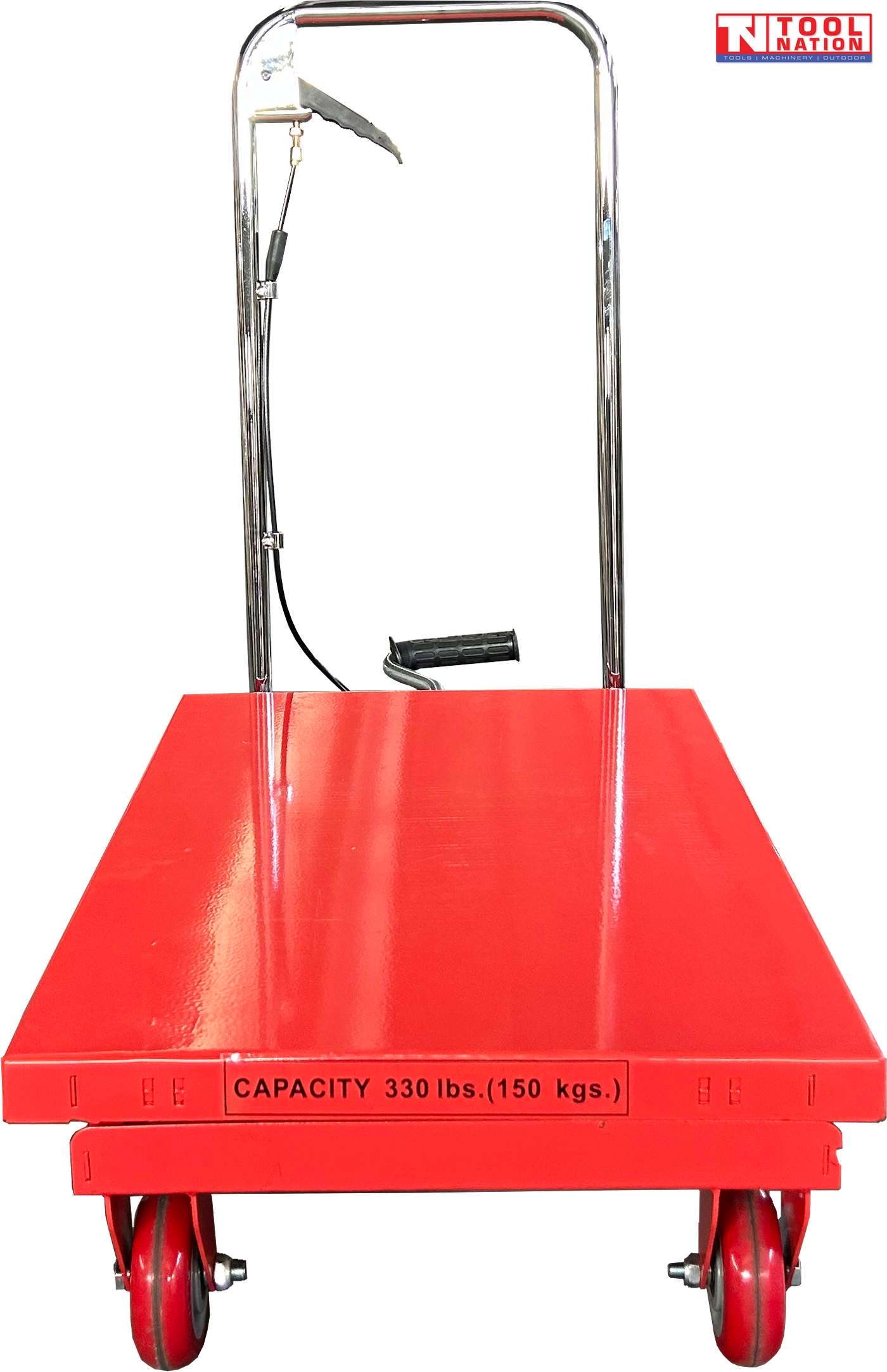 Front view of a red hydraulic lift table cart with lowered platform, chrome handle, wheels, and visible capacity text.