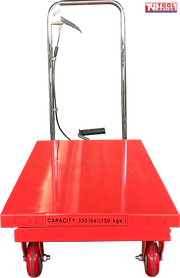 Front view of a red hydraulic lift table cart with lowered platform, chrome handle, wheels, and visible capacity text.