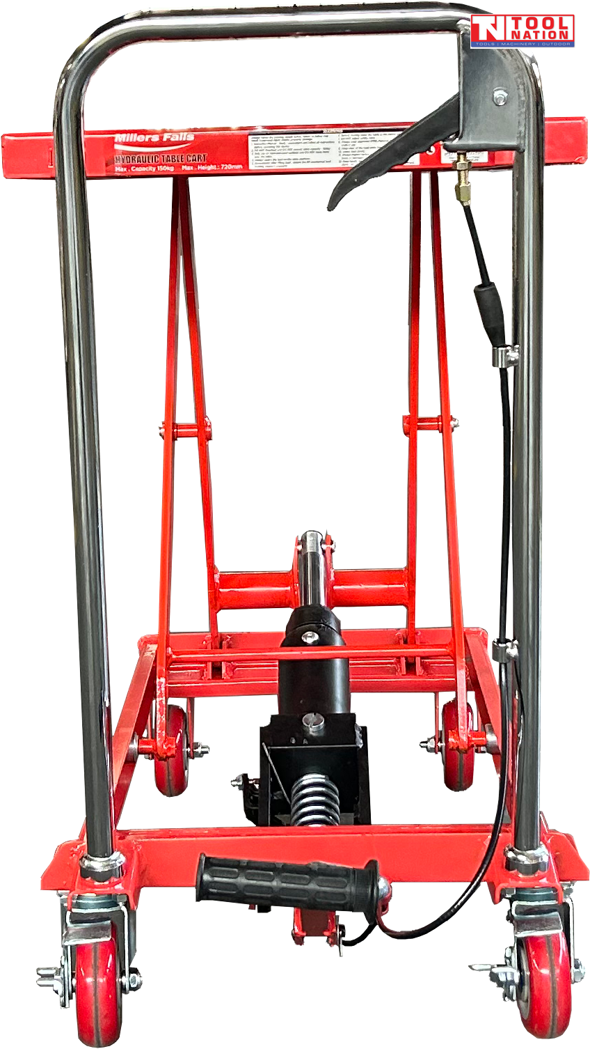 Rear view of a red hydraulic lift table cart with raised scissor frame, chrome handle, wheels, foot pedal, and release lever.