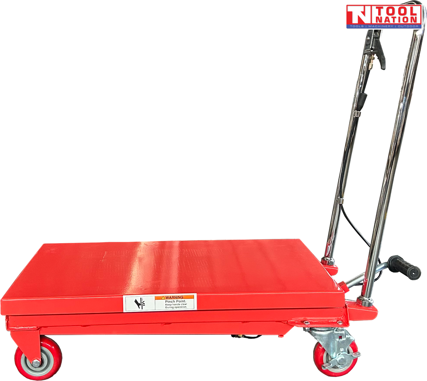 Side view of a red hydraulic lift table cart with lowered platform, chrome handle, wheels, and warning label.