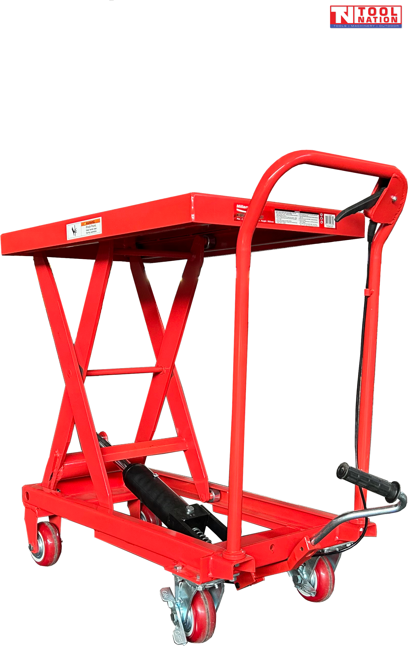 Angled view of a red hydraulic lift table cart with raised scissor frame, handle, wheels, foot pedal, and labels.
