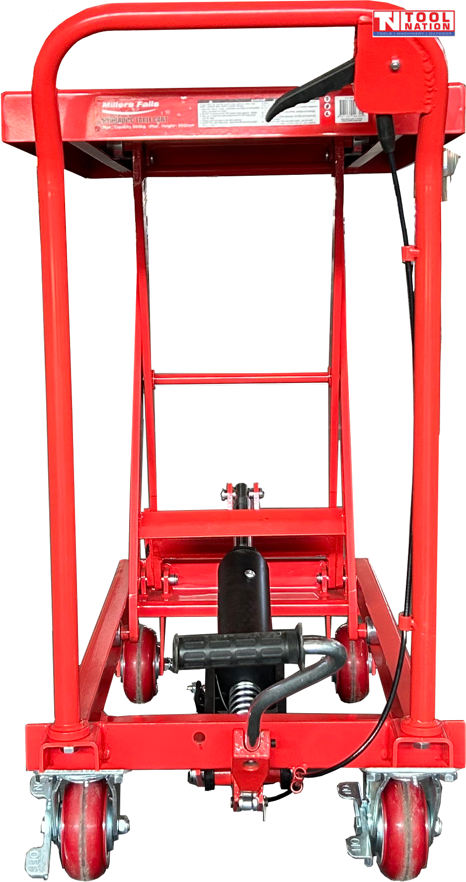 Rear view of a red hydraulic lift table cart with raised scissor frame, handle, wheels, foot pedal, release lever, and labels.